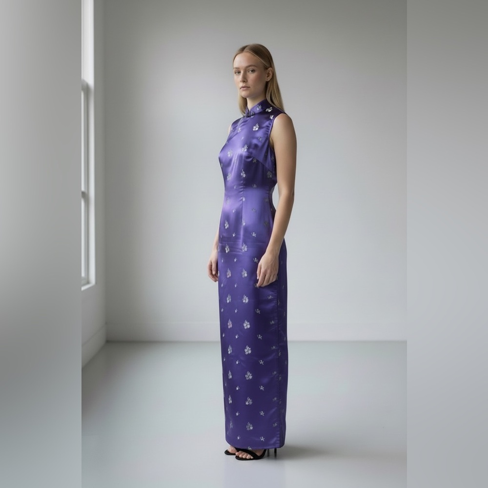 Gunne Sax 90’s vintage Purple satin embroidered Floral Maxi Dress y2k spring 300
